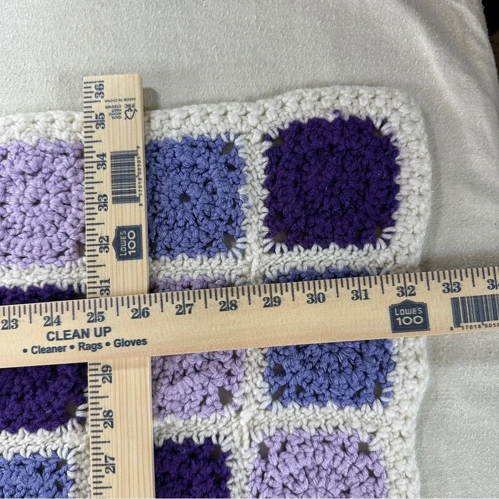 Hand knitted Granny Square Purple and Lavender Crochet Blanket Size 35”x32.5”